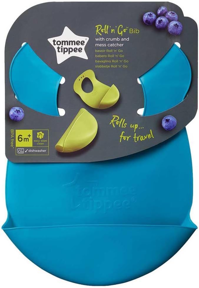 Tommee Tippee Roll n' Go Bib turquoise with crumb catcher and lime pouch