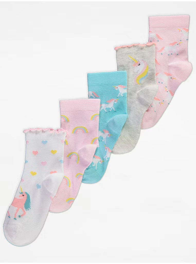 George 5-pack girls socks with unicorn and rainbow designs