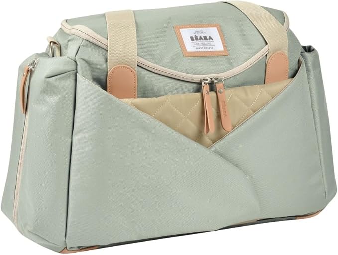 Béaba Sydney II changing bag leaf green with tan handles and straps
