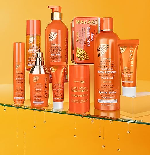 Makari Dark Spots Even Tone Brightening Deodorant orange tube and bottle collection