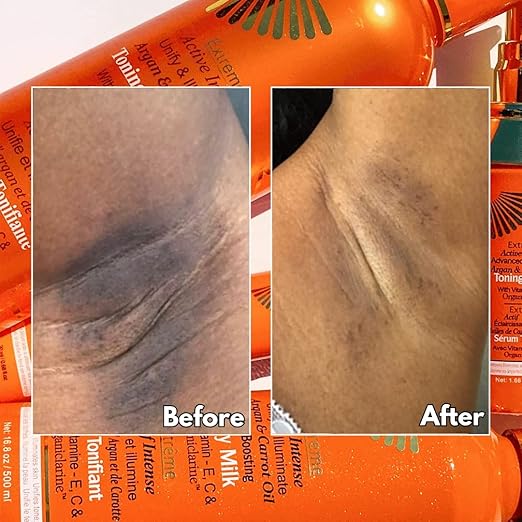 Makari Dark Spots Even Tone Brightening Deodorant orange bottle with before and after results