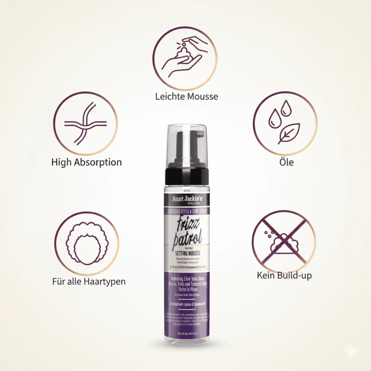 Aunt Jackie's Frizz Patrol Anti-Poof Setting Mousse 8.5oz purple bottle with spray nozzle