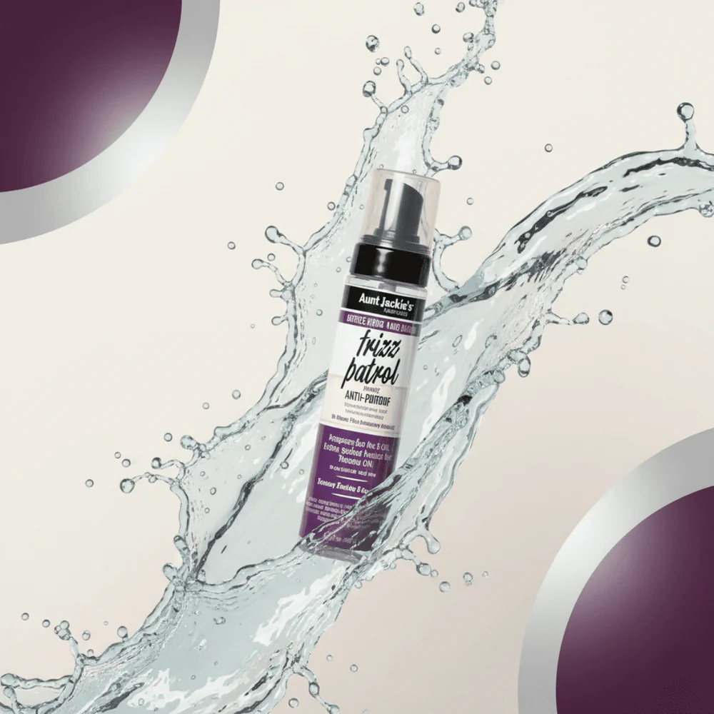 Aunt Jackie's Frizz Patrol Anti-Poof Setting Mousse 8.5oz spray bottle with purple label