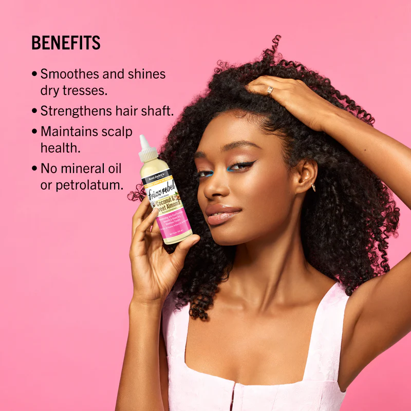 Aunt Jackie's Frizz Rebel Coconut and Sweet Almond Oil 118ml bottle with applicator nozzle