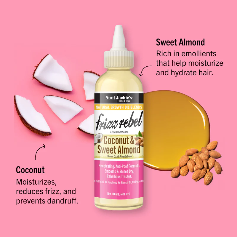 Aunt Jackie's Frizz Rebel Coconut and Sweet Almond Oil 118ml hair treatment bottle
