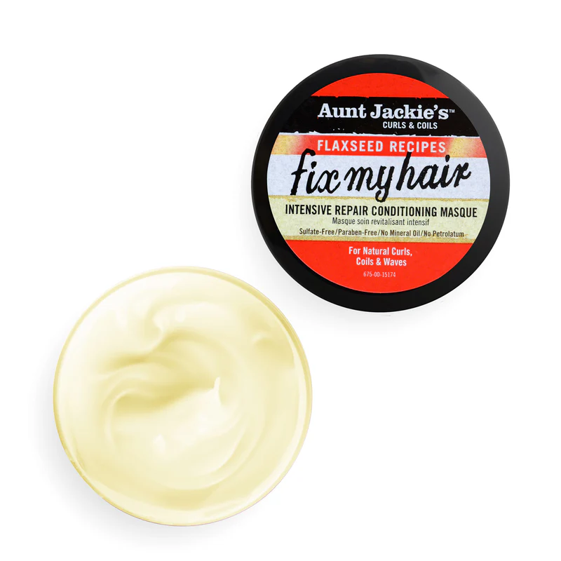 Aunt Jackie's Flaxseed Recipes Fix My Hair intensive repair conditioning masque jar and product texture
