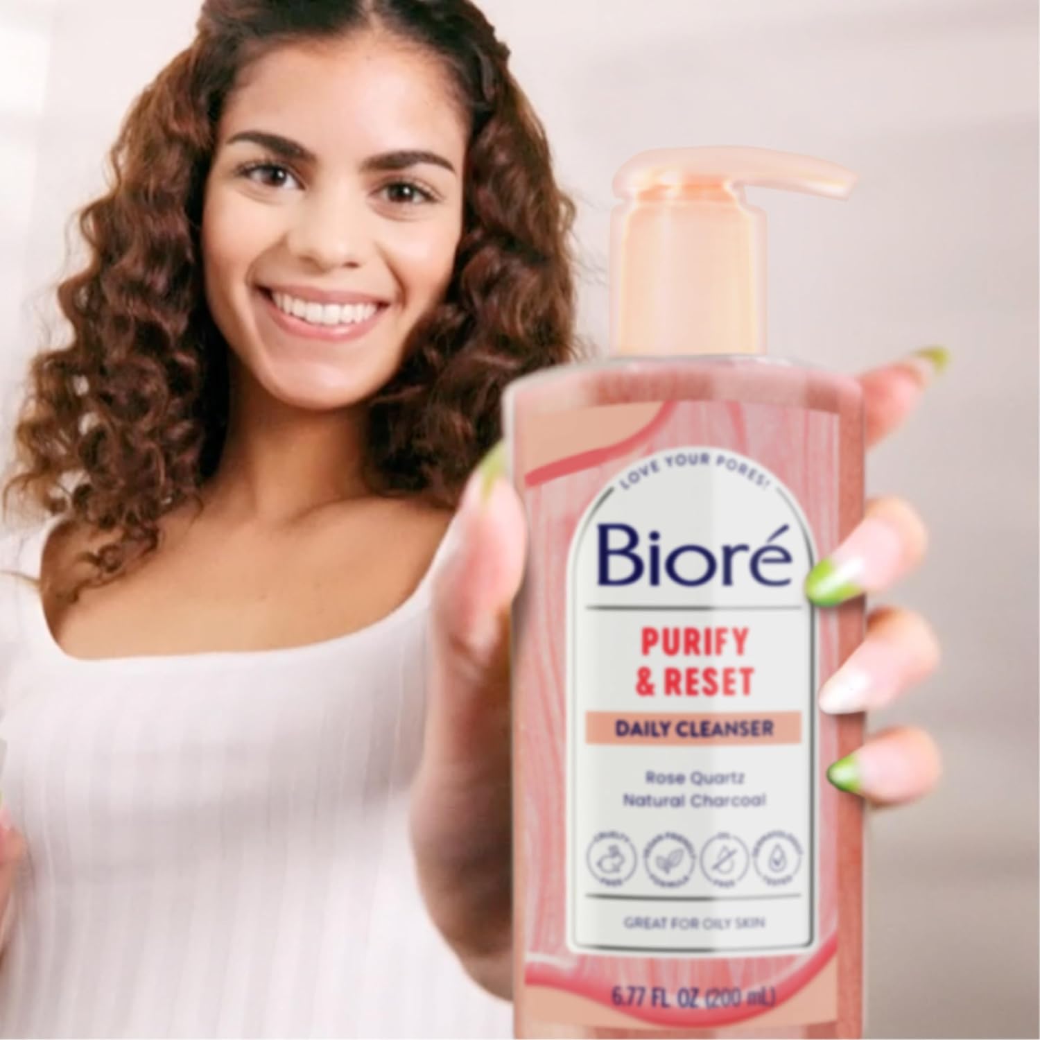 Bioré Rose Quartz Charcoal Daily Purifying Cleanser 6.77 oz pump bottle pink