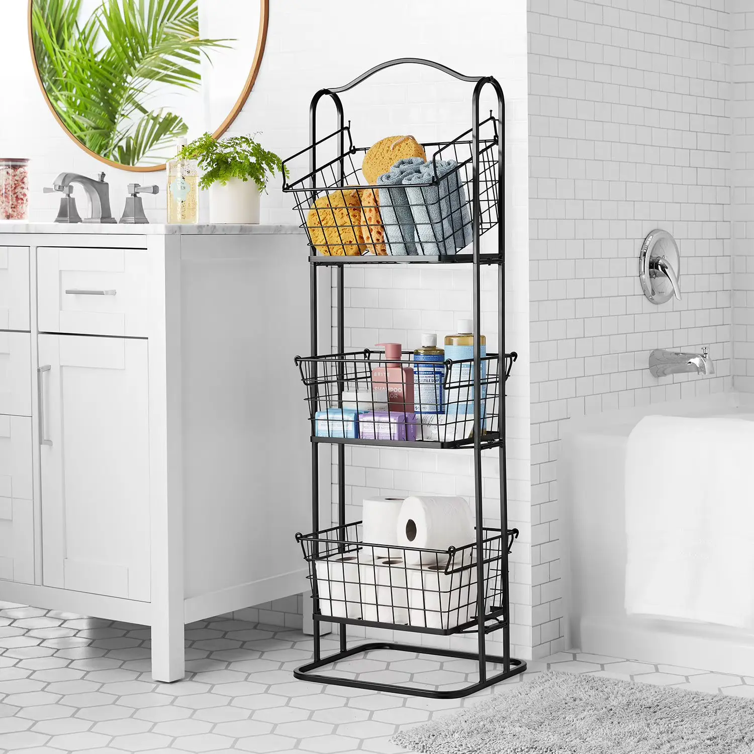 Member's Mark three-tier standing black wire basket storage unit