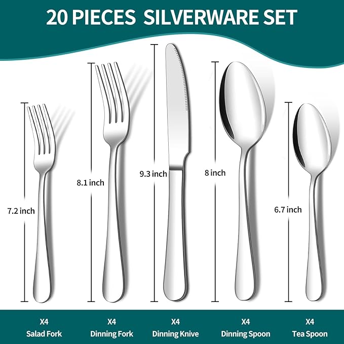 Member's Mark stainless steel 20 piece silverware set with forks, knives, spoons