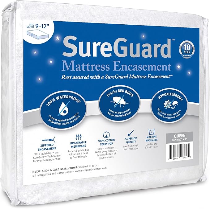 SureGuard mattress encasement protector double bed 9-12 inch depth waterproof