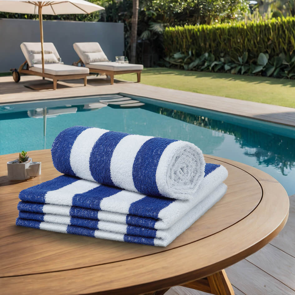 Blue and white striped chlorine resistant pool towels set of four