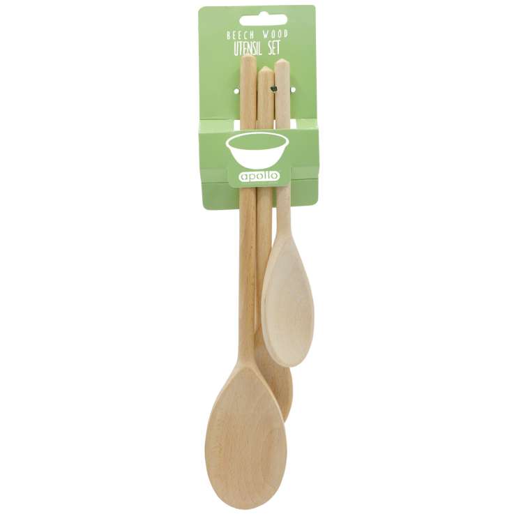 Apollo beech wood spoon set three wooden utensils with packaging