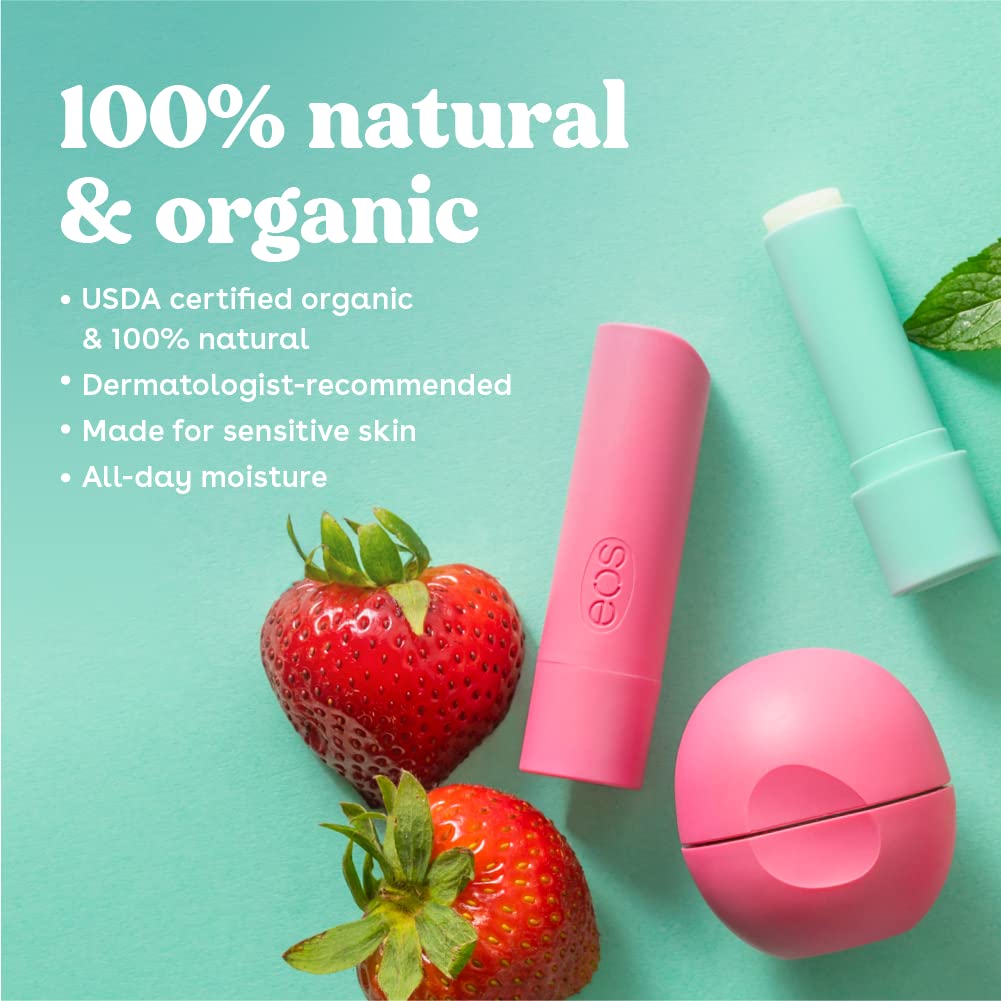 Eos Sweet Mint organic lip balm in pink and mint green stick and sphere packaging
