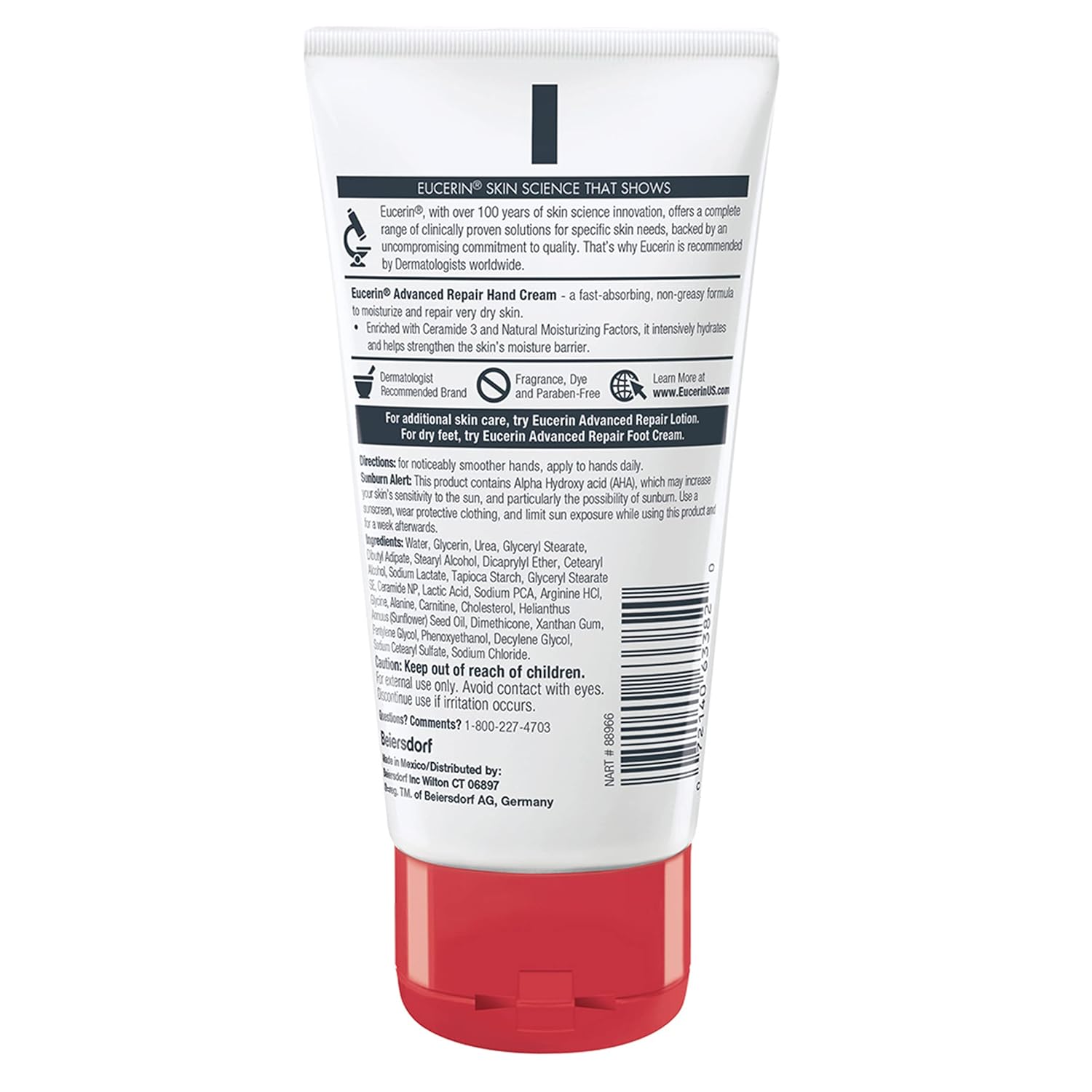 Eucerin Advanced Repair Hand Cream unscented 2.7oz tube with red cap
