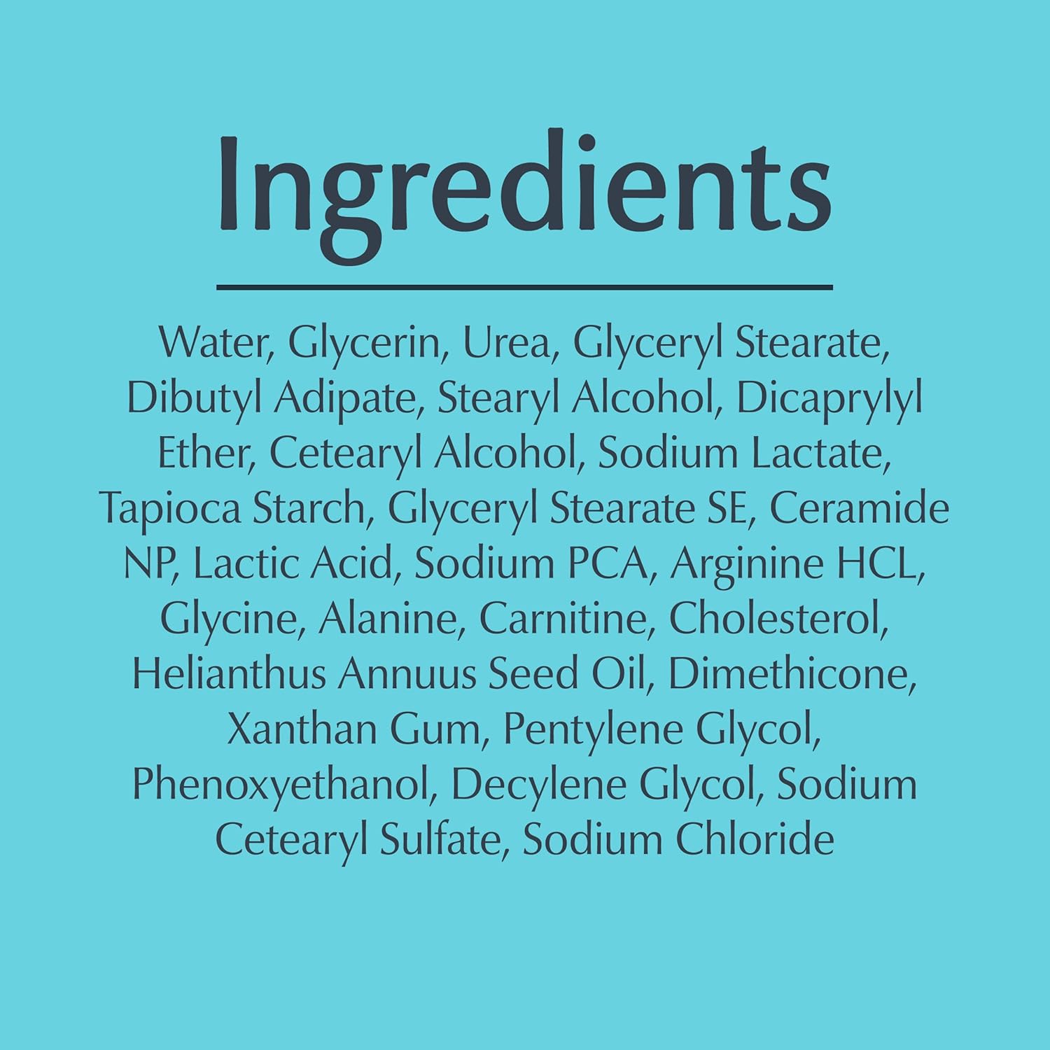 Eucerin Advanced Repair Hand Cream Unscented 2.7oz ingredients list on turquoise background