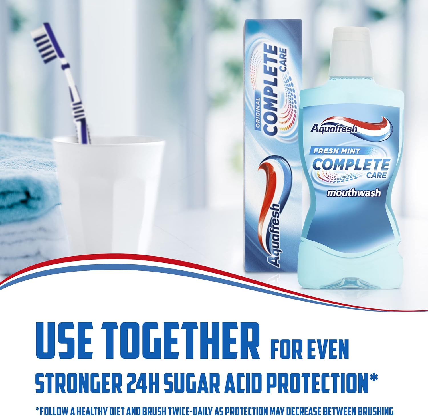 Aquafresh Fresh Mint Complete Care mouthwash 500ml bottle light blue liquid