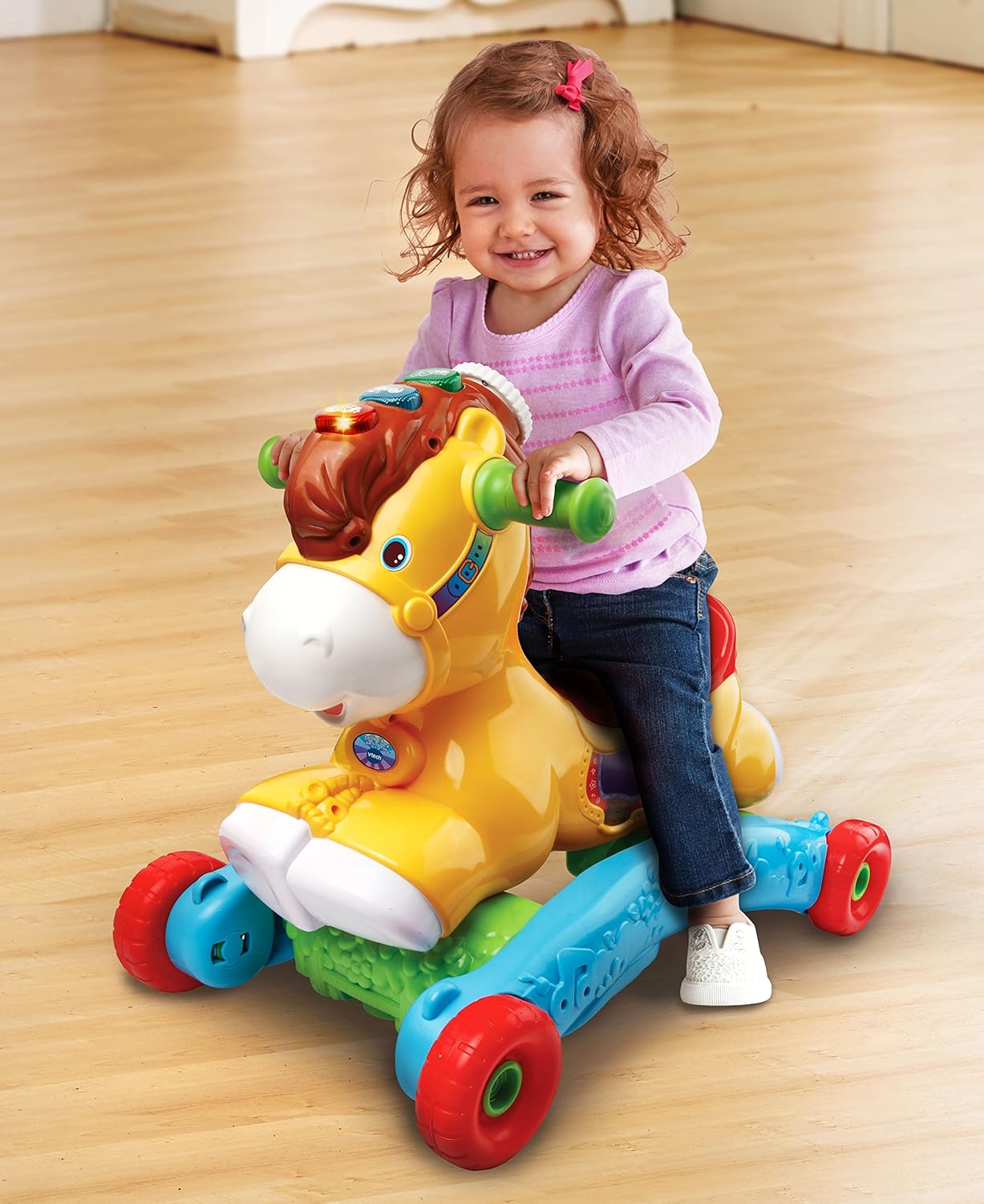 VTech Push, Gallop & Ride Pony with yellow body and brown mane, ride-on toy