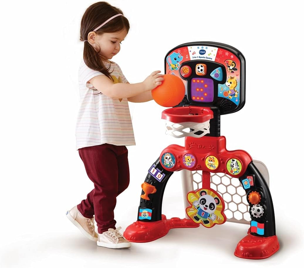 VTech 3-in-1 Sports Centre red and black with basketball hoop and ball