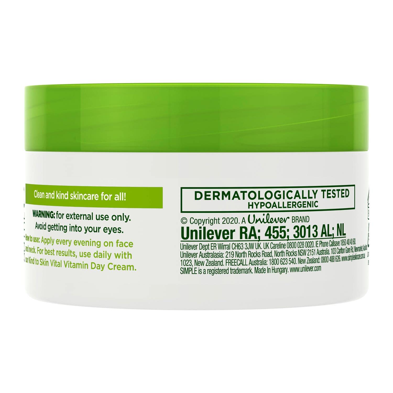 Simple Vital Vitamin Night Cream with green lid in white jar container