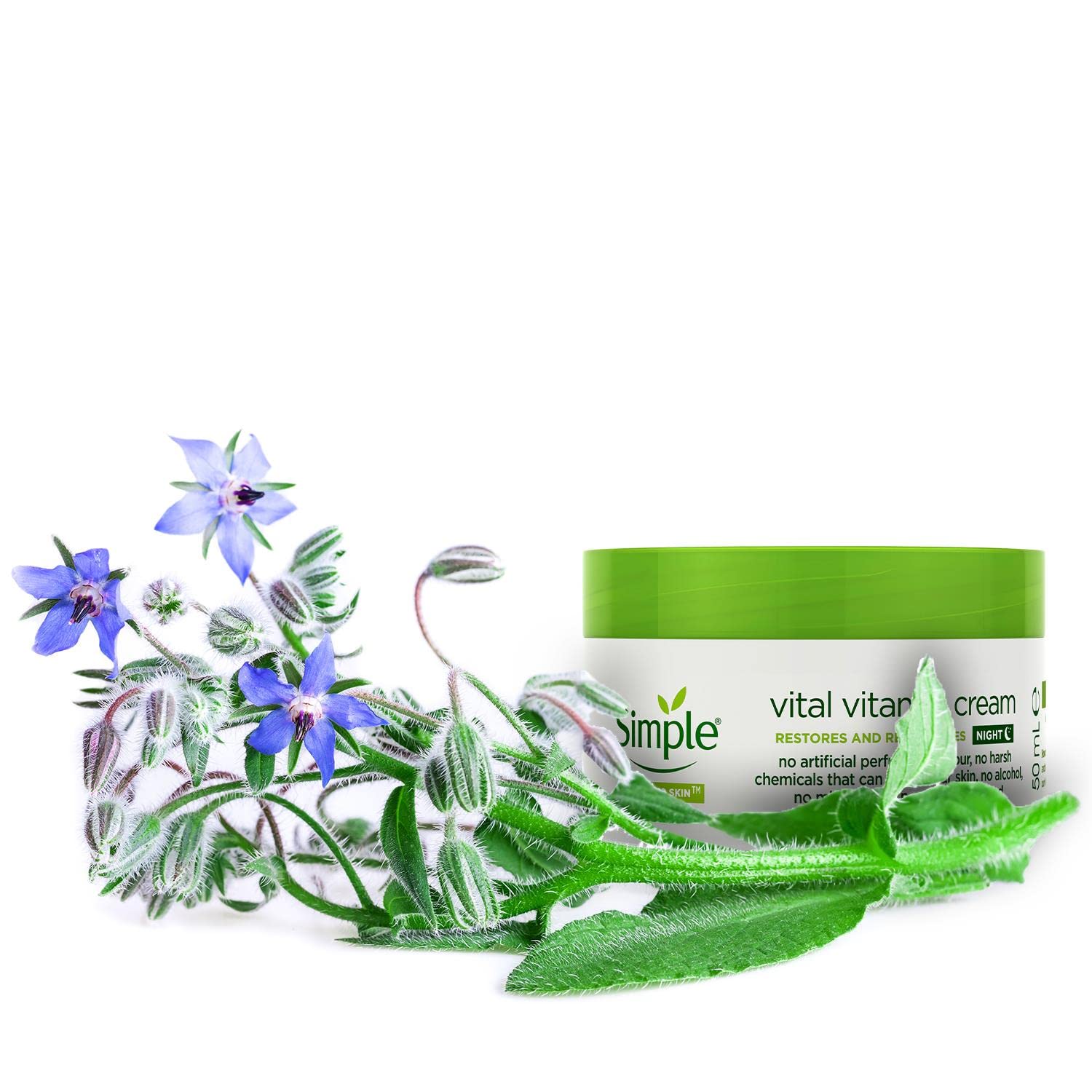 Simple Vital Vitamin Night Cream green jar, nighttime skincare product