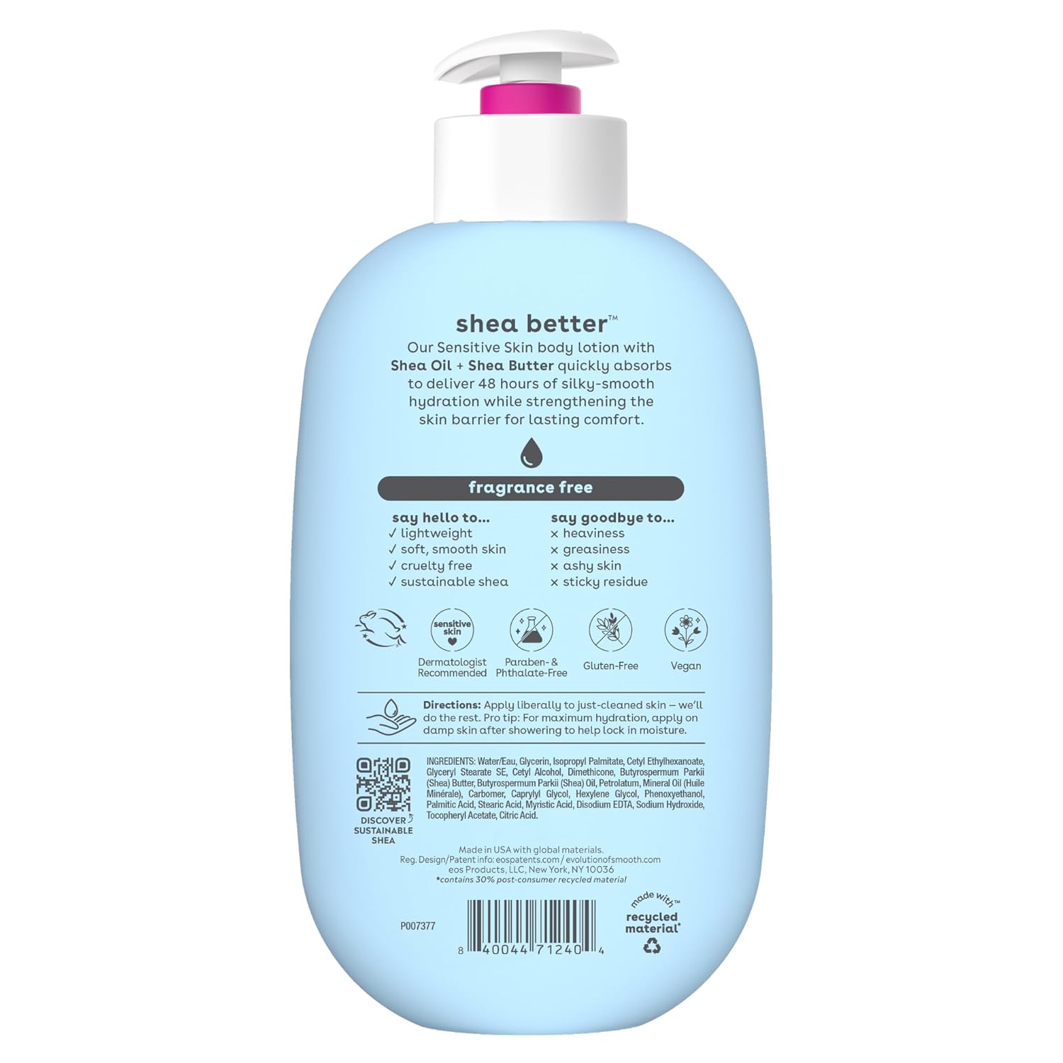 eos Shea Better fragrance free body lotion 16 fl oz pump bottle light blue