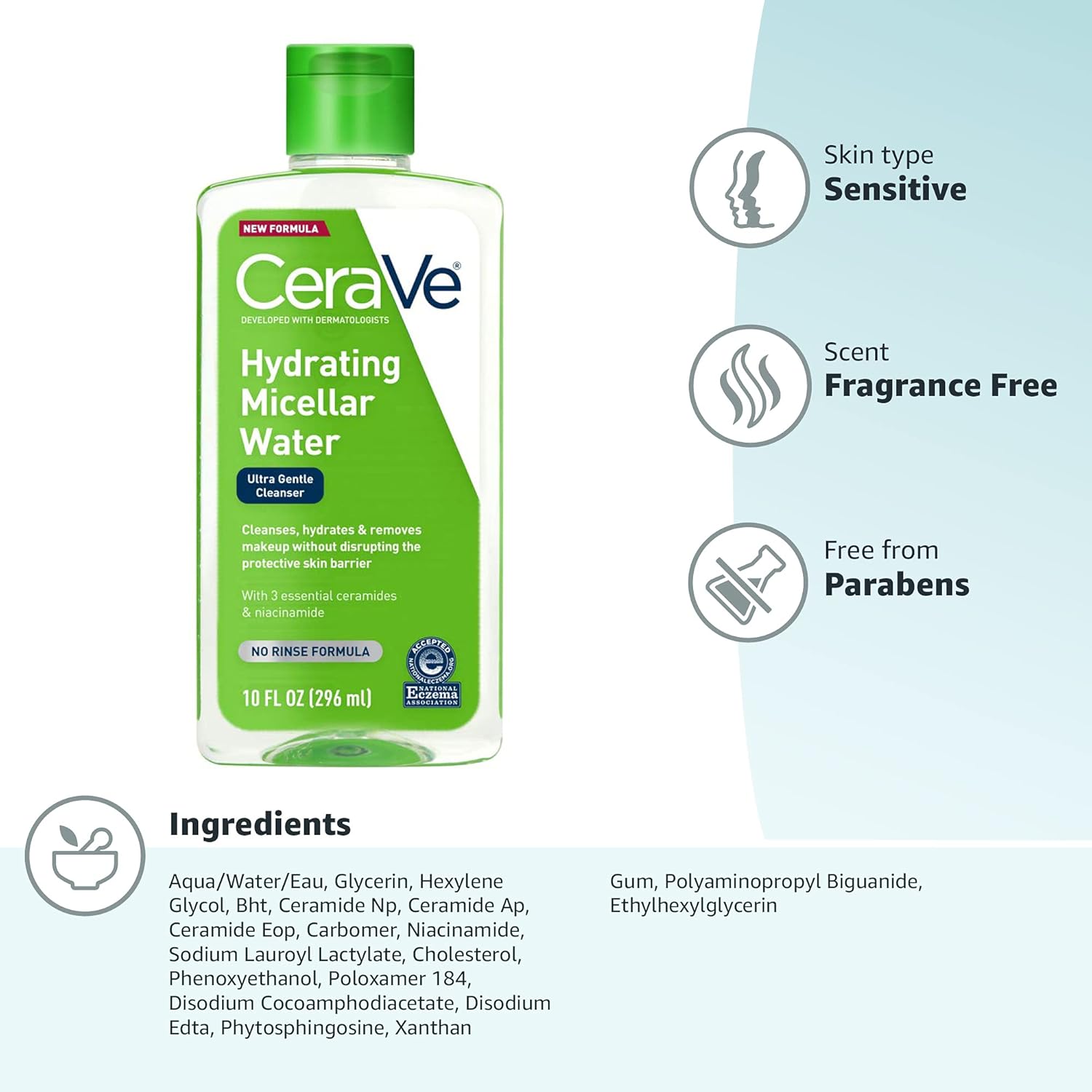 CeraVe Hydrating Micellar Water 10 fl oz with green bottle label