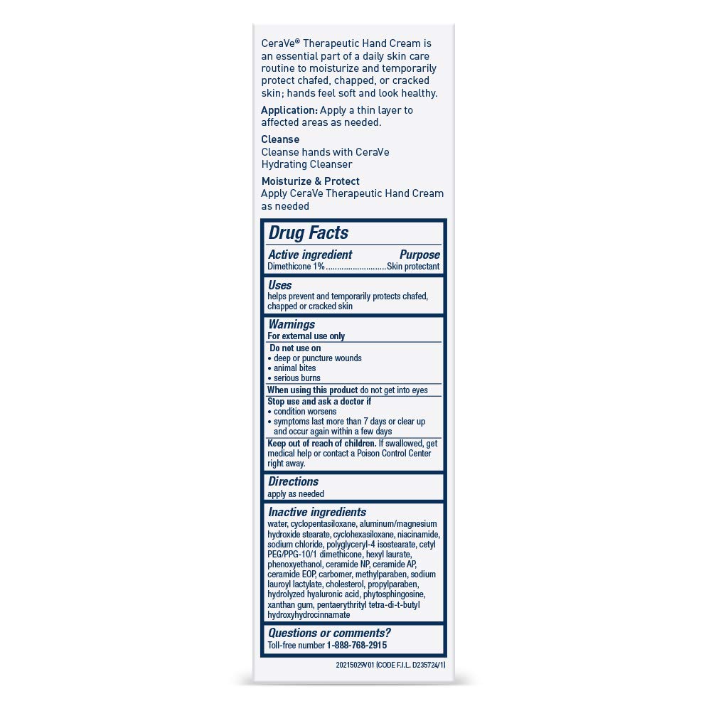 CeraVe Therapeutic Hand Cream 3 oz tube with drug facts label