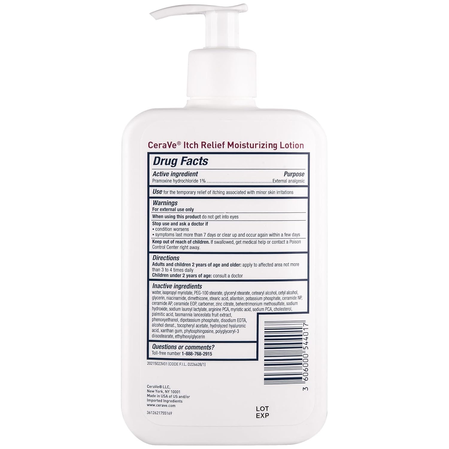 CeraVe Itch Relief Moisturising Lotion 16oz pump bottle with drug facts label
