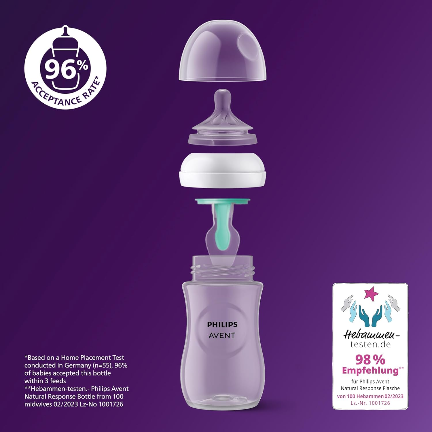 Philips Avent Natural Response 3.0 purple bottle with AirFree Vent Set components displayed
