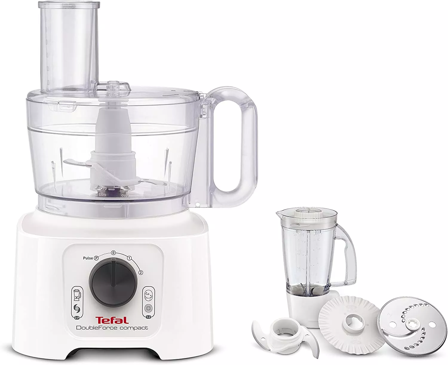 Tefal Double Force Compact white food processor with accessories and blending jug