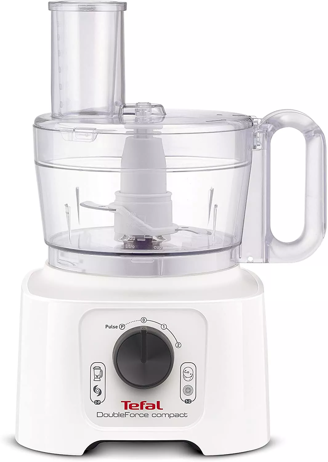 Tefal DoubleForce Compact white food processor with clear bowl and feed tube