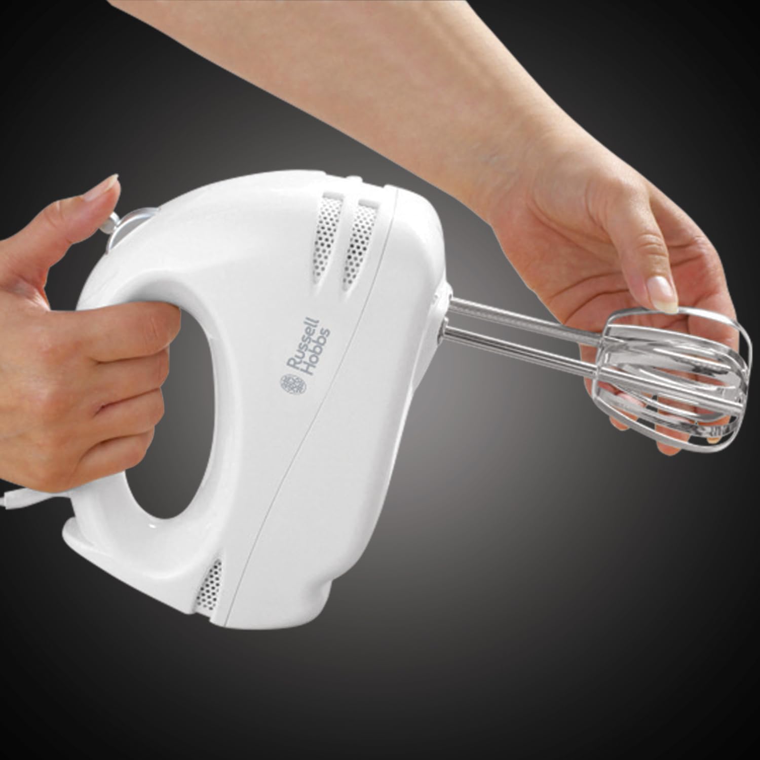 Russell Hobbs white 6 speed hand mixer with stainless steel beaters