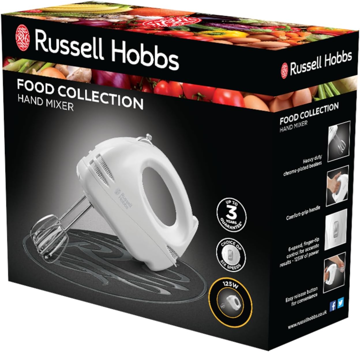 Russell Hobbs white 6 speed hand mixer with chrome-plated beaters 125W
