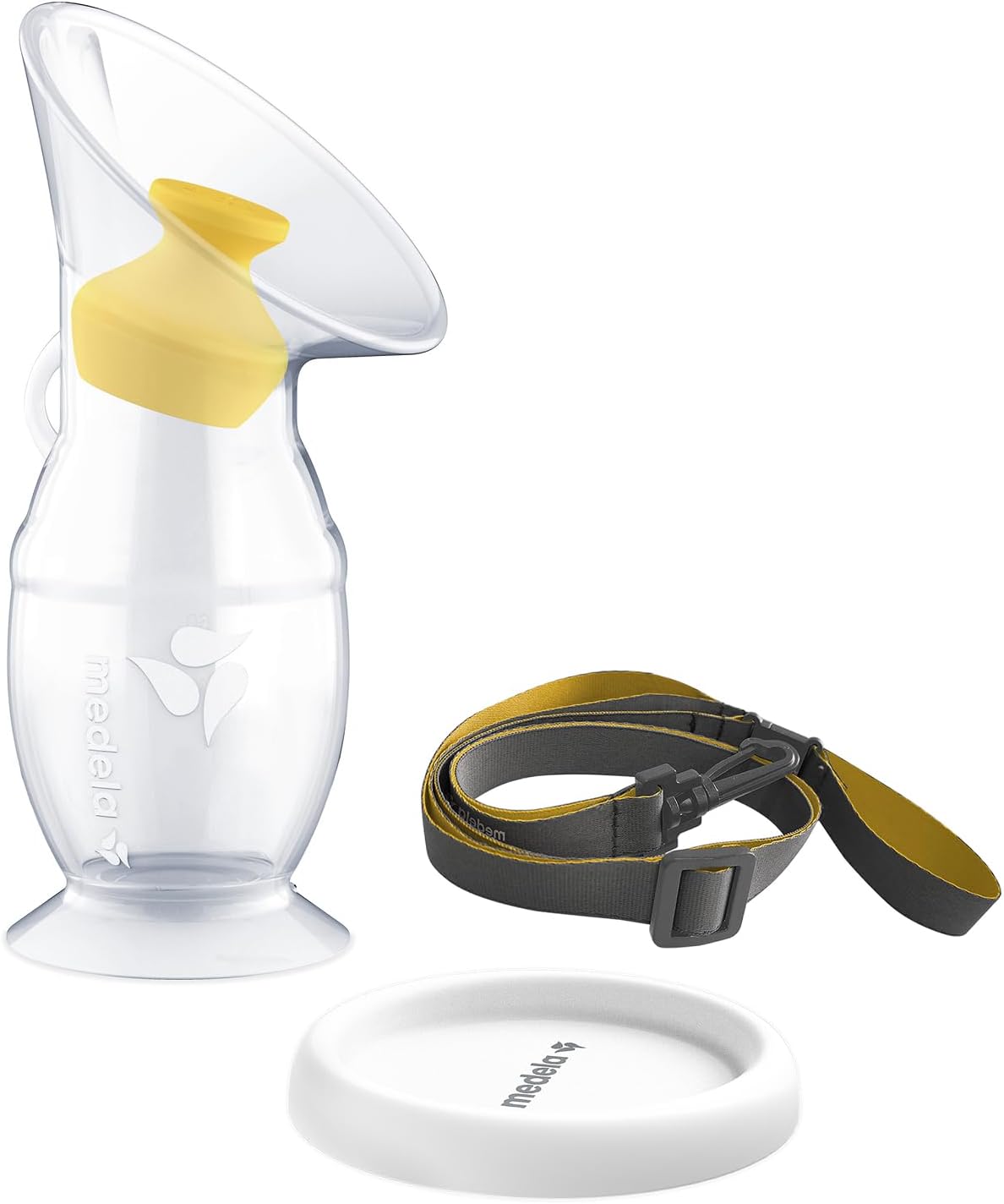 Medela silicone breast milk collector with yellow valve and carrying strap