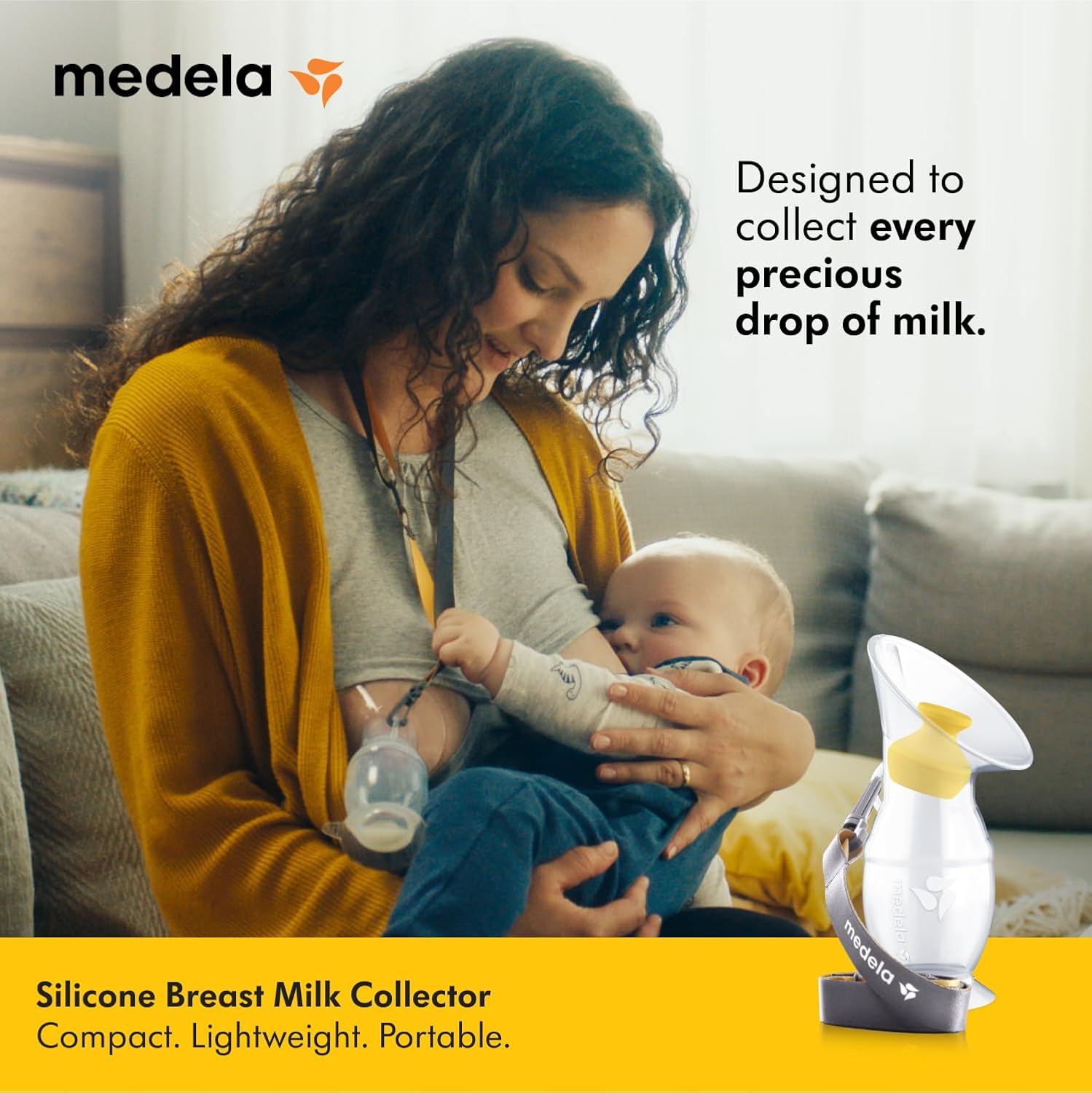 Medela silicone breast milk collector, white and yellow, compact portable design