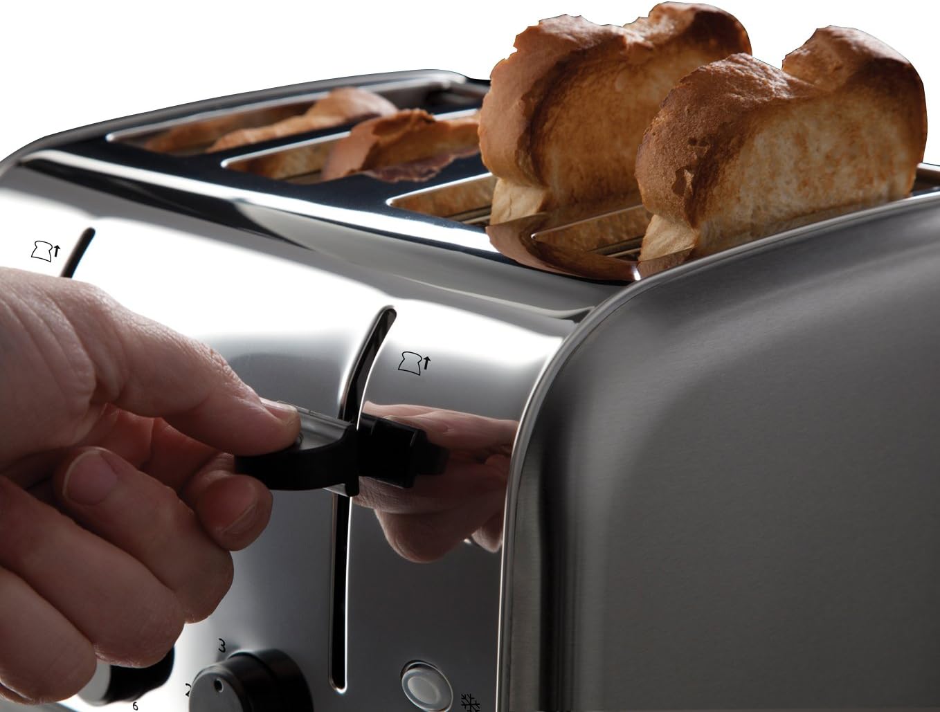 Russell Hobbs Futura brushed stainless steel four slice toaster with toast
