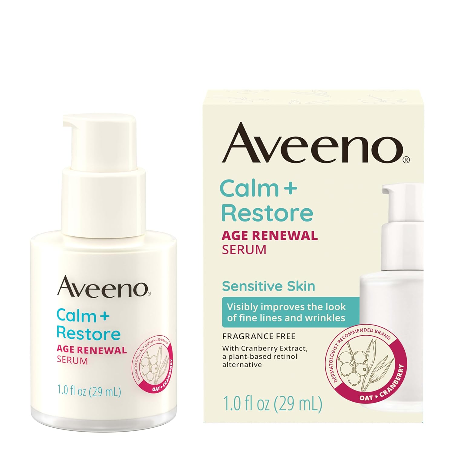 Aveeno Calm Restore Age Renewal Serum for sensitive skin 1 fl oz bottle with box
