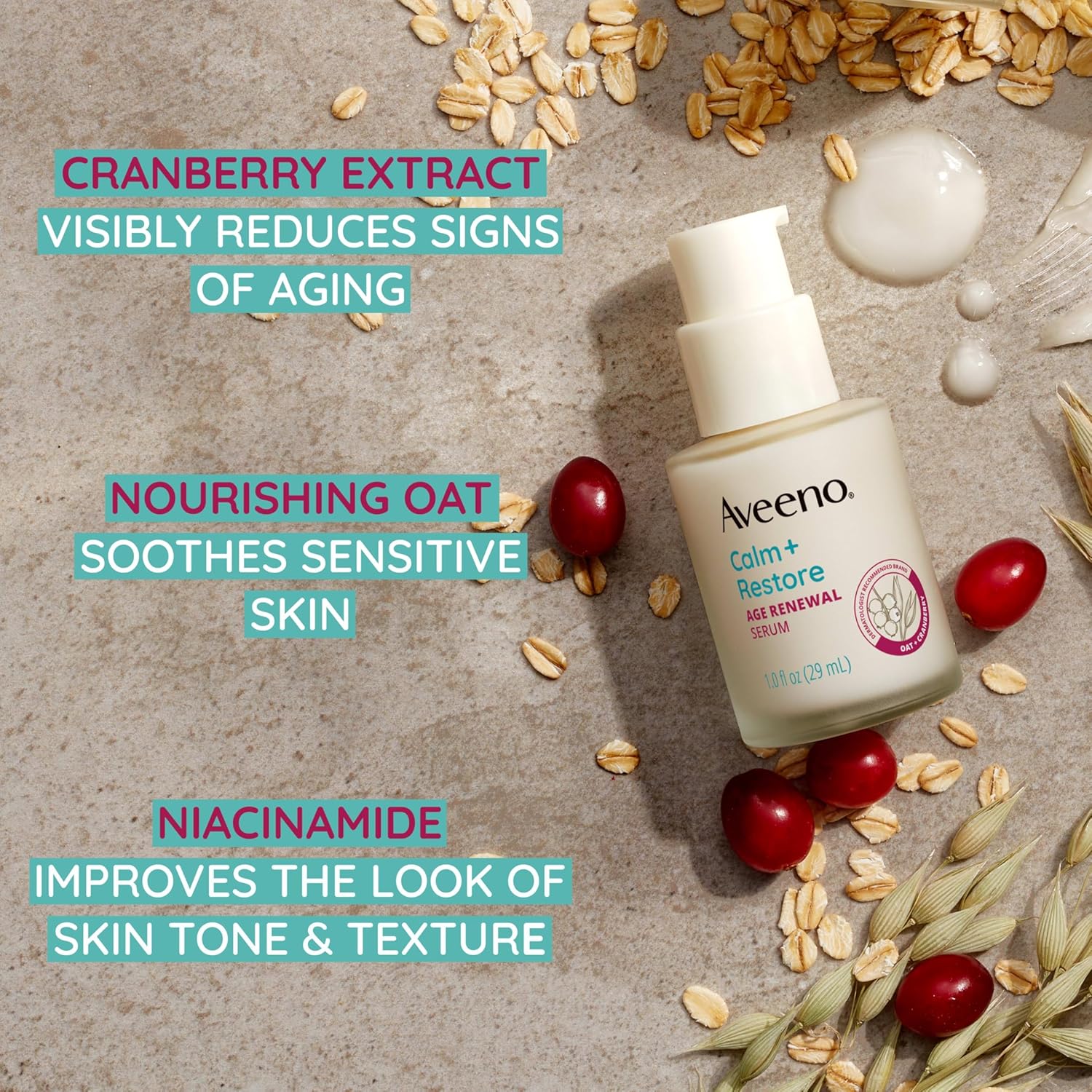 Aveeno Calm Restore Age Renewal Serum for sensitive skin, 29 ml bottle