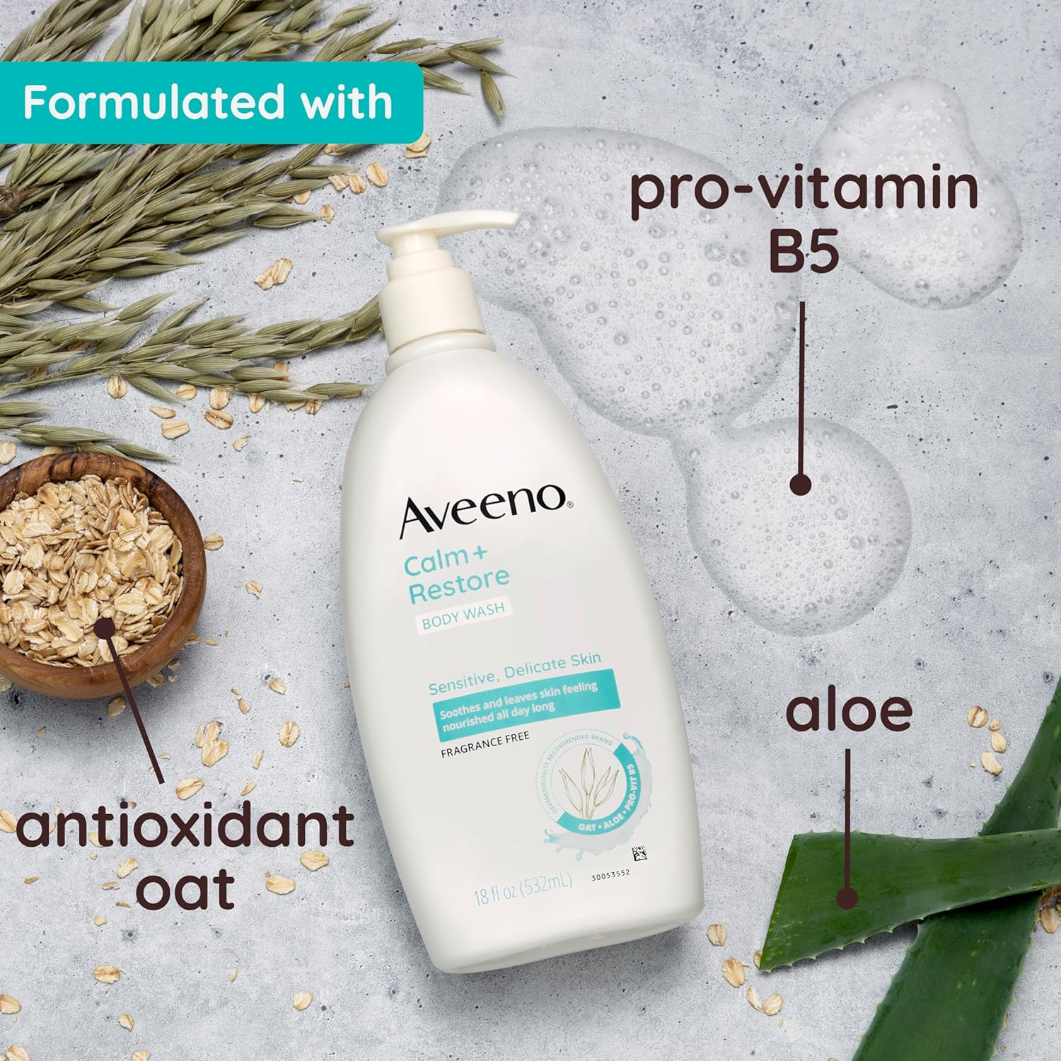 Aveeno Calm + Restore body wash for sensitive skin, 18 fl oz pump bottle