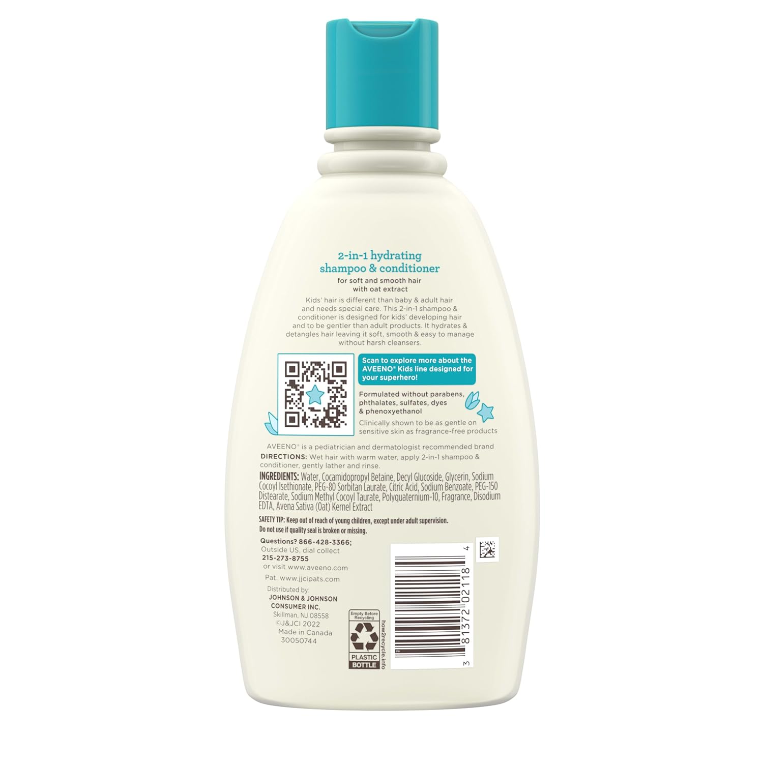Aveeno Kids 2-in-1 hydrating shampoo and conditioner 12 fl oz bottle with turquoise cap