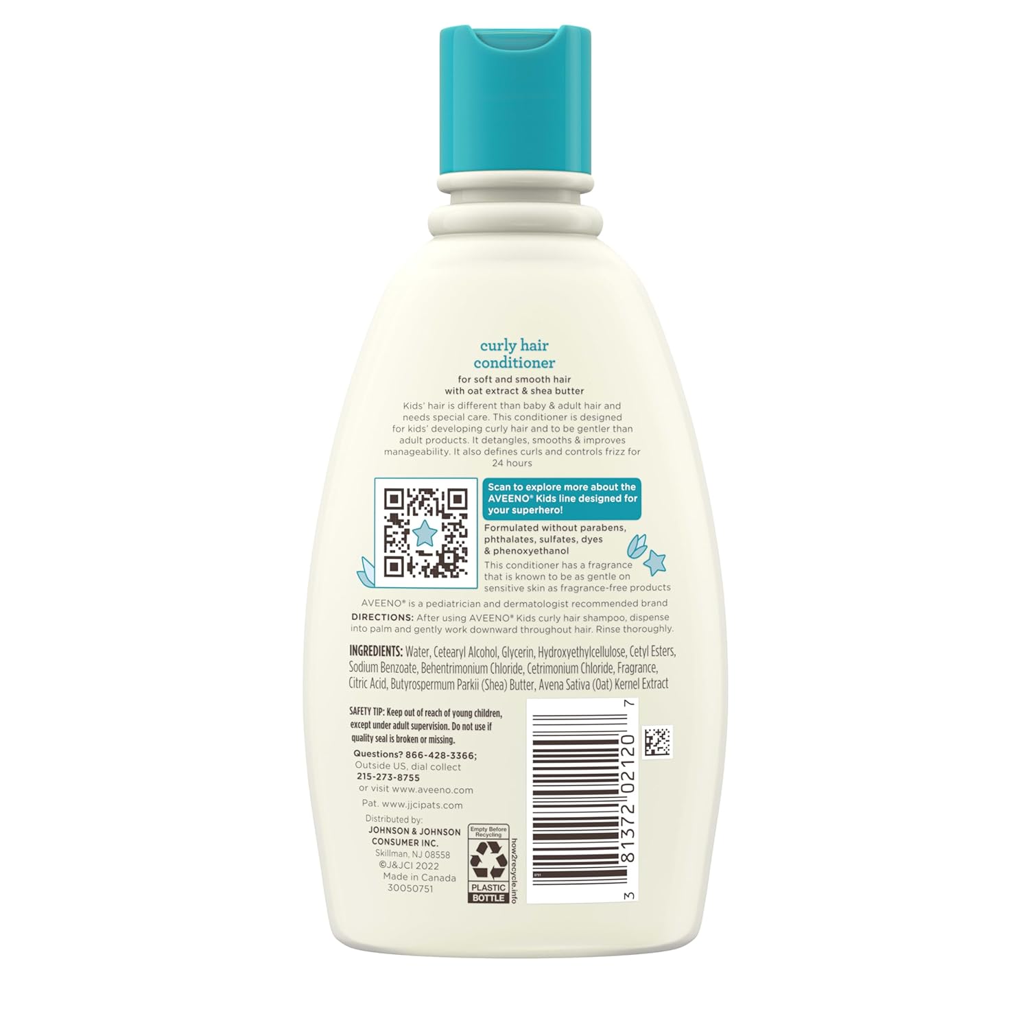 Aveeno Kids' Curly Hair Hydrating Conditioner, 12 fl oz bottle with turquoise cap