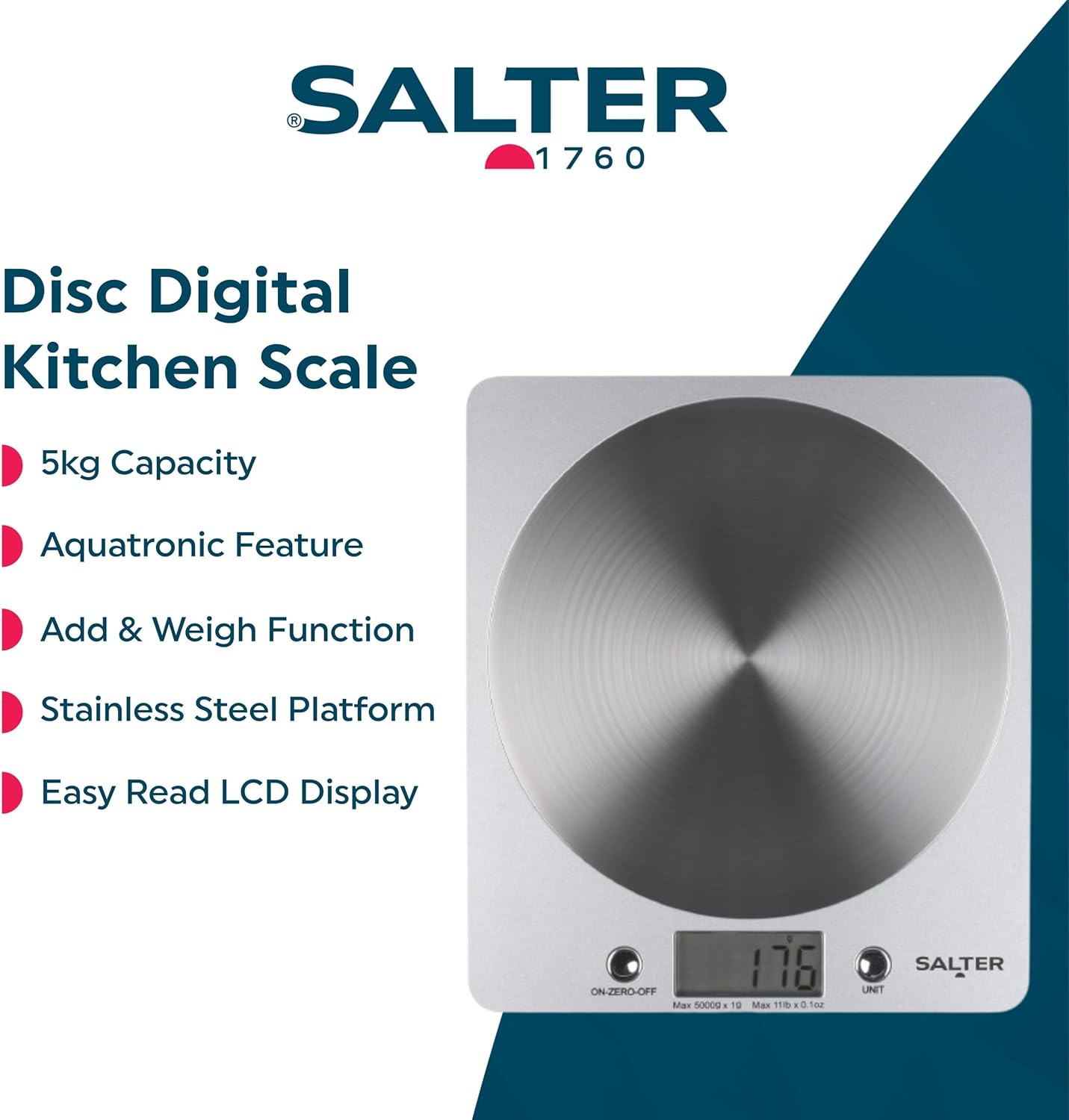 Salter 1760 disc digital kitchen scale with stainless steel platform and LCD display