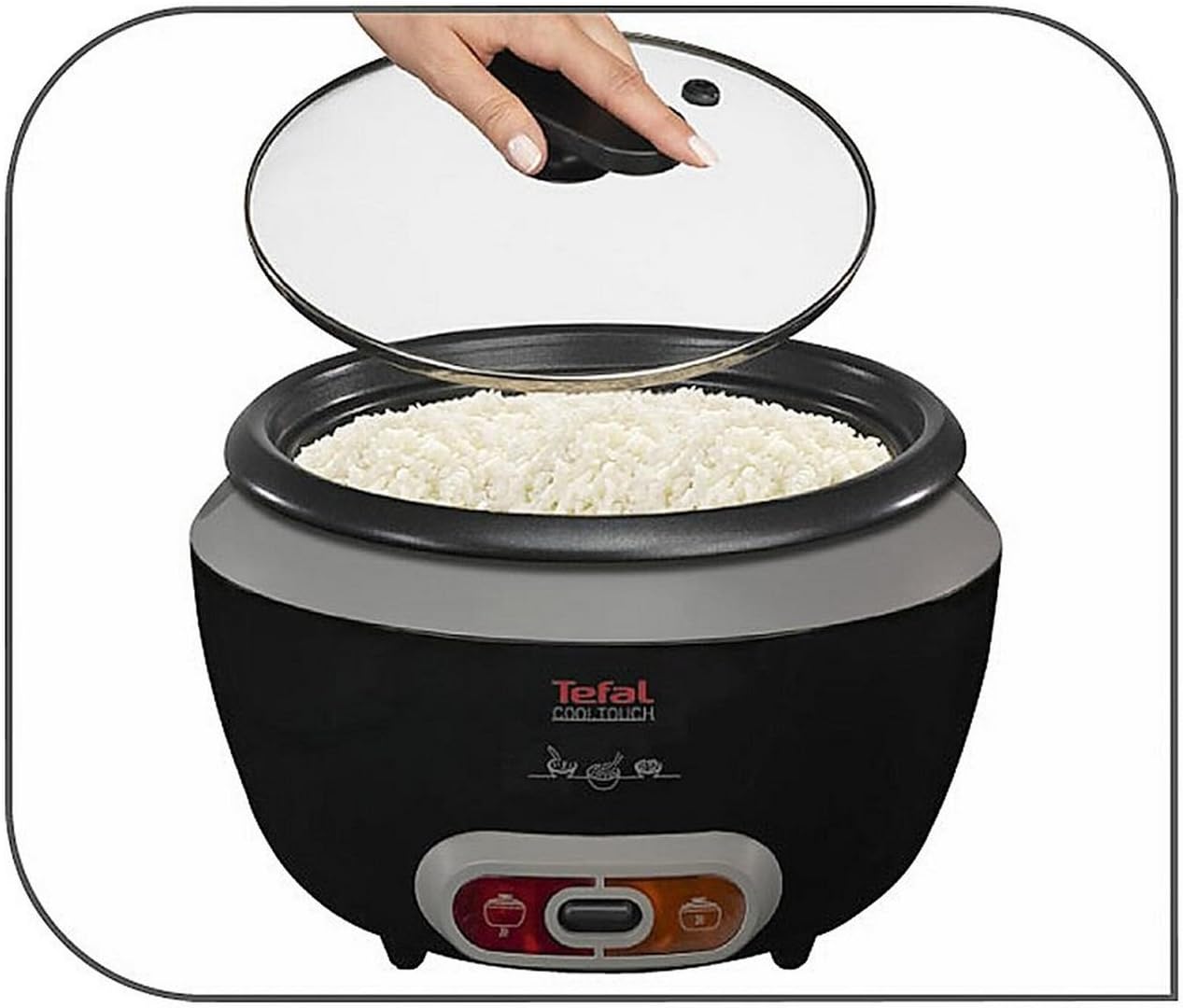 Tefal RK1568UK Cooltouch black rice cooker with glass lid and cooked rice
