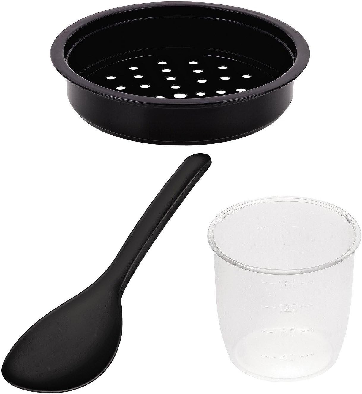 Tefal RK1568UK rice cooker steamer accessories with black steamer basket, measuring cup and serving spoon