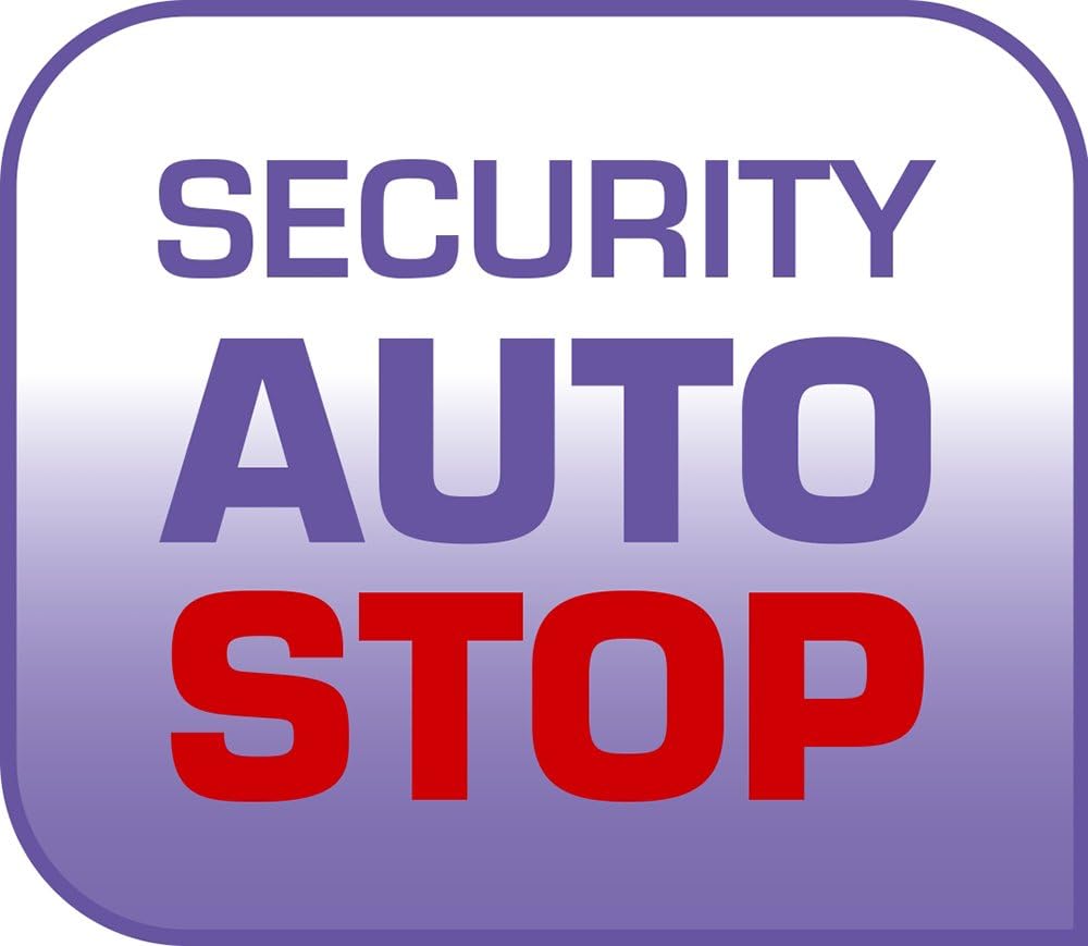 I can see this image shows a "Security Auto Stop" sign/badge rather than the Tefal iron product itself. However, based on the product name provided, here is appropriate alt text for the Tefal Freemove Air iron:

Tefal Freemove Air FV6520G0 cordless steam iron 2400W with base station