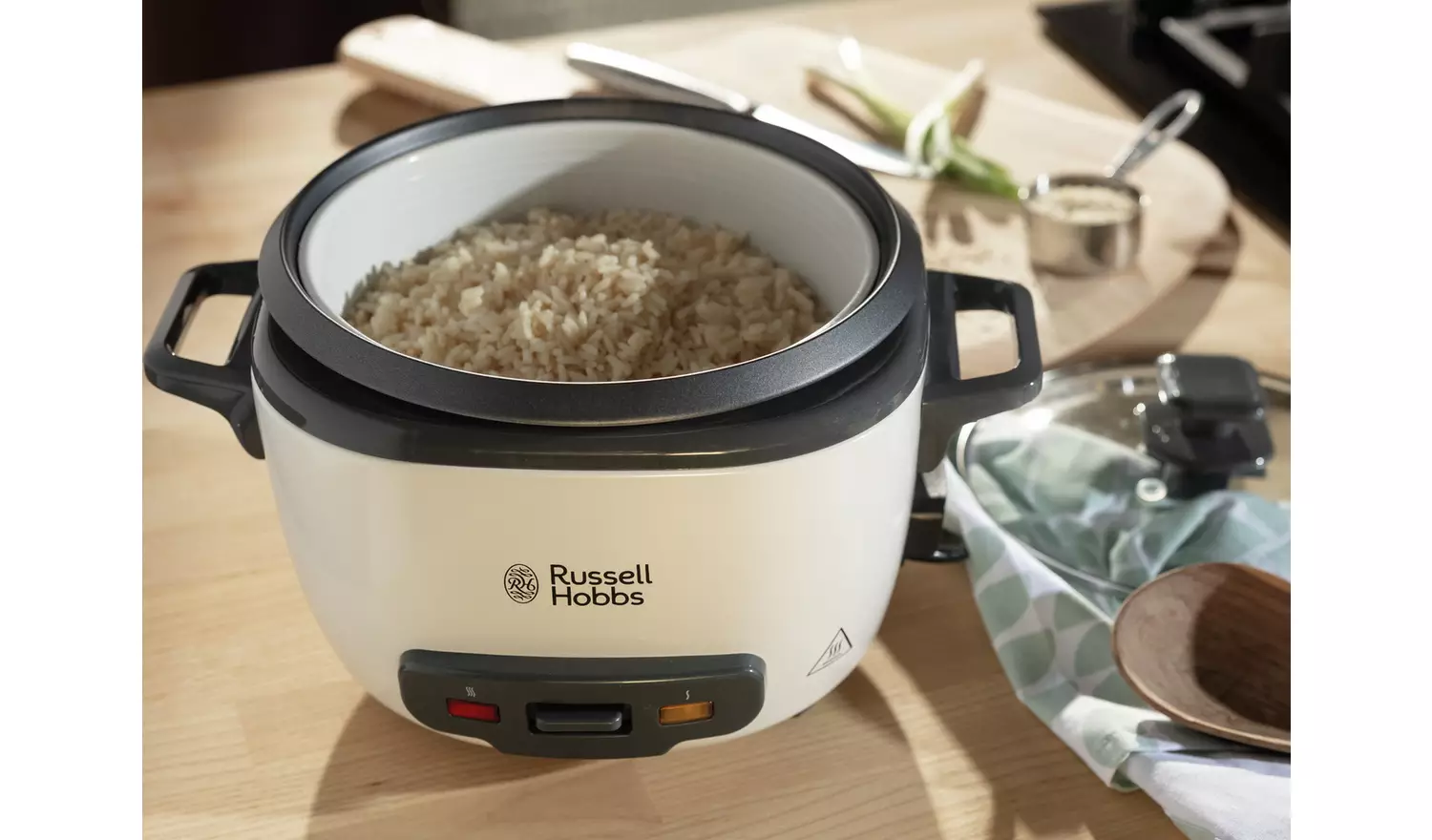 Russell Hobbs white large rice cooker with cooked rice visible inside