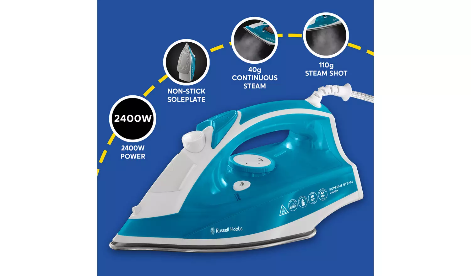 Russell Hobbs Supreme Steam traditional iron in turquoise with 2400W power