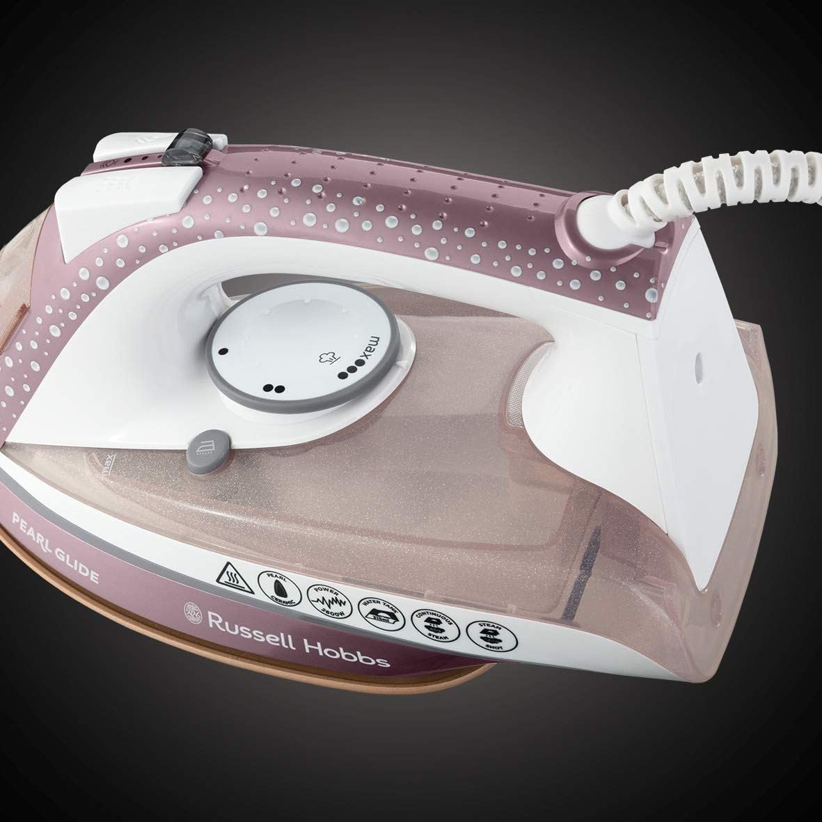 Russell Hobbs Pearl Glide steam iron with pink and white design
