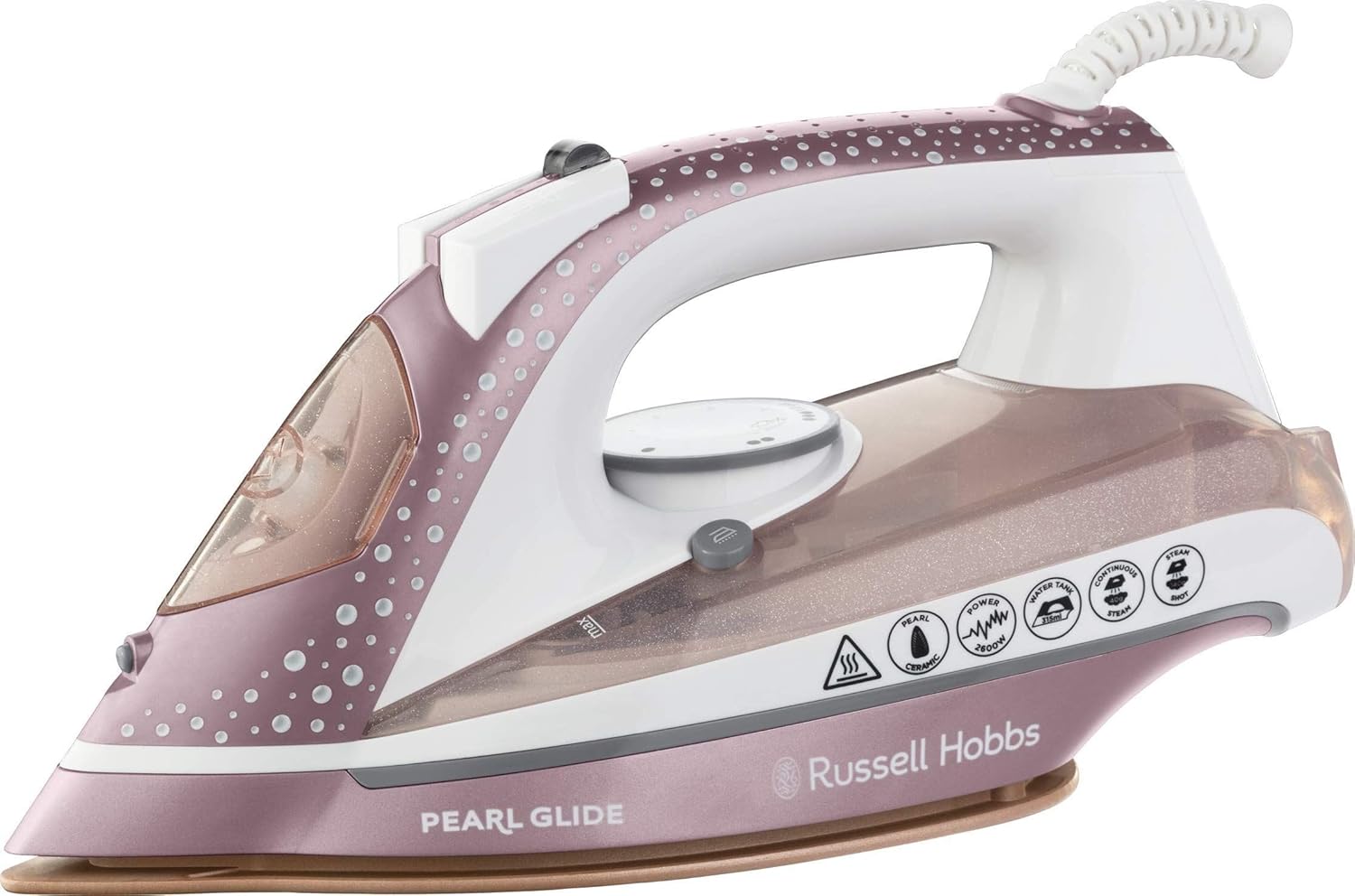 Russell Hobbs Pearl Glide steam iron in mauve and white with perforated soleplate