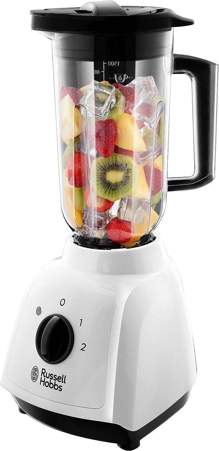 Russell Hobbs white plastic jug blender 1.5 litre 400W with fruit contents